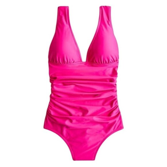 J.Crew Long-Torso Ruched V-Neck One-Piece Swimsuit Size 20 Fuchsia Pink NWT - Picture 1 of 7